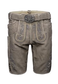 Tradycyjne beżowe skórzane spodenki lederhosen z kwiatowym haftem i szczegółową srebrną klamrą w bawarskim stylu.