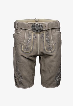 Tradycyjne beżowe skórzane spodenki lederhosen z kwiatowym haftem i szczegółową srebrną klamrą w bawarskim stylu.