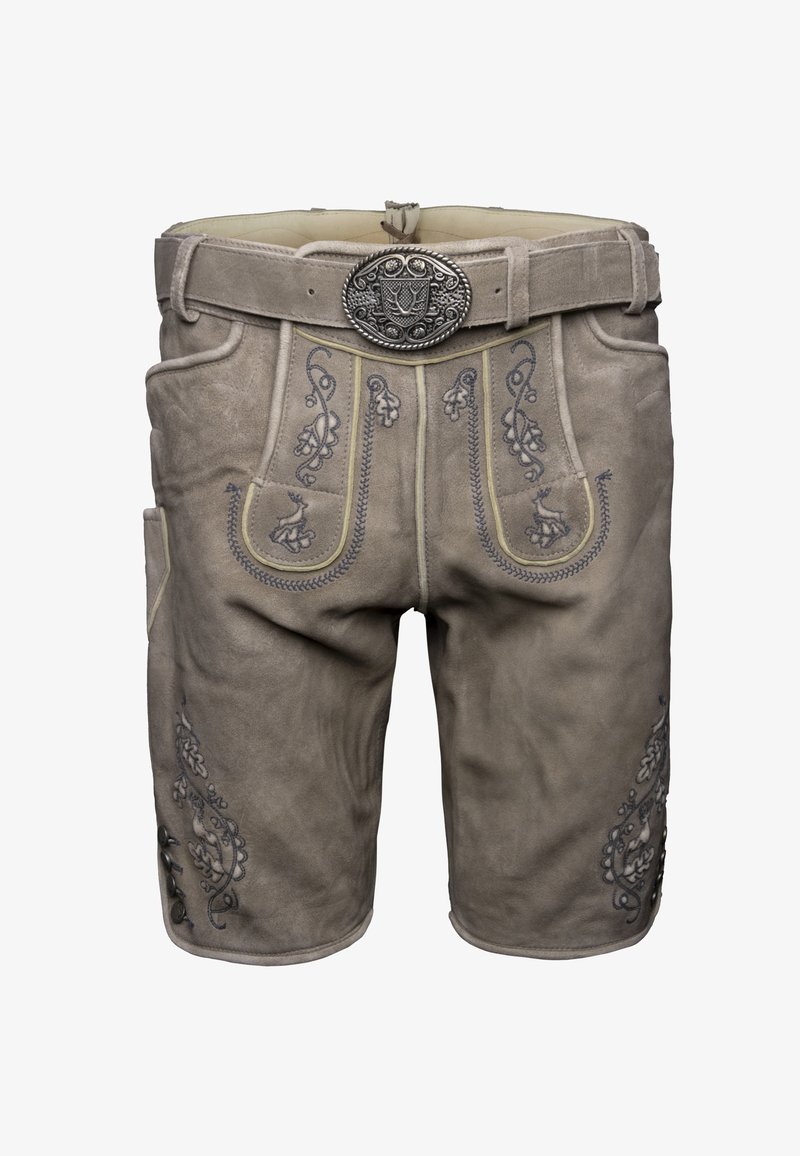 Shorts en cuir beige traditionnels en lederhosen avec broderies florales et une boucle de ceinture en argent détaillée de style bavarois.