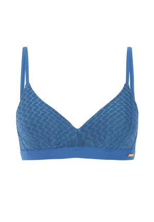 Beha met een getextureerde, diamantpatroon stof in donkerblauw, voorzien van dunne verstelbare bandjes en een gladde onderband. Inclusief een gouden accenten label.