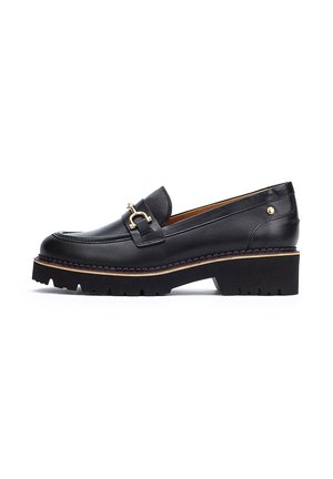 Black leather loafer with a rounded toe, a gold loop accent, and a thick, textured platform sole. Visible stitching around the edges.