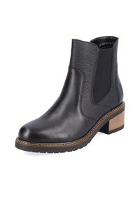 Bottine en cuir noir avec des panneaux latéraux en élastique, un dessus texturé, un bout arrondi et un talon en bois avec une bordure cousue.