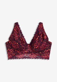 Reggiseno in pizzo di un profondo bordeaux con motivi geometrici arancioni e rosa, caratterizzato da un bordo in pizzo a scalloped lungo i lati e un design senza ferretto.