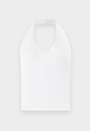 Valge kaelusega topp V-kujulise dekolteega, valmistatud siledast kangast. Omab kitsast siluetti ilma täiendavate kaunistusteta.