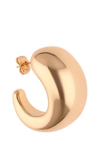 Złota kolczyk kołowy o gładkiej, polerowanej powierzchni. Charakteryzuje się unikalnym, zakrzywionym wzorem z małym zapięciem na sztyft zapewniającym pewne noszenie.