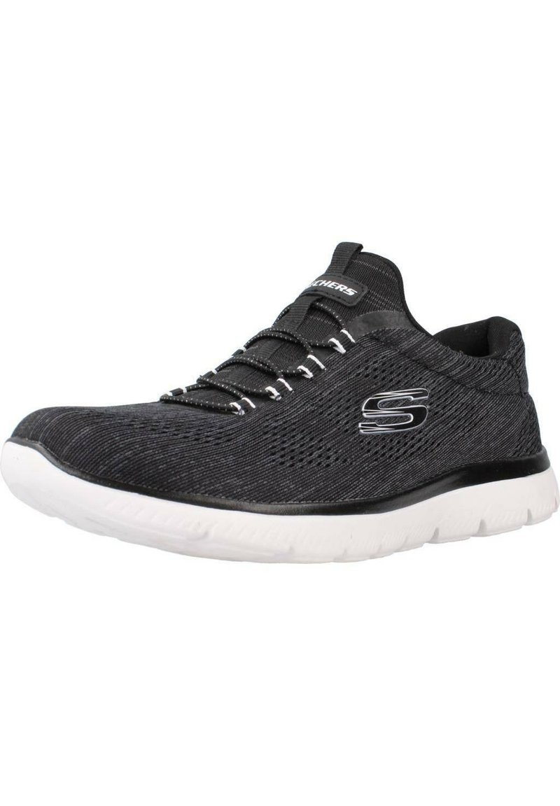 Chaussure de sport noire avec un dessus texturé, semelle blanche et lacets élastiques. Présente un logo sur le côté et un design à faible découpe.