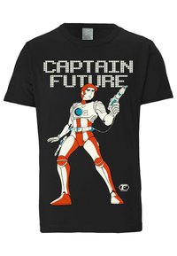 Black t-shirt featuring a graphic of a character in a white and red spacesuit with a ray gun, text "CAPTAIN FUTURE" in white pixel style font.