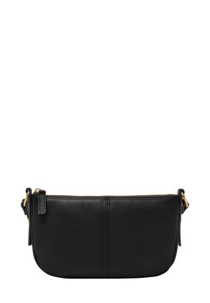 Zwarte leren tas met een gladde textuur, ritssluiting en gouden hardware accenten. Heeft een eenvoudige ovale vorm en subtiele stikseldetails.