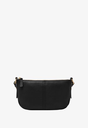 Sac en cuir noir avec une texture lisse, fermeture éclair et accents en matériel doré. Il présente une forme ovale simple et des détails de couture subtils.