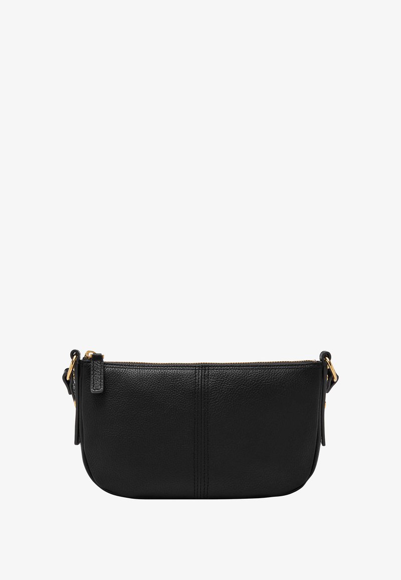 Sac en cuir noir avec une texture lisse, fermeture éclair et accents en matériel doré. Il présente une forme ovale simple et des détails de couture subtils.