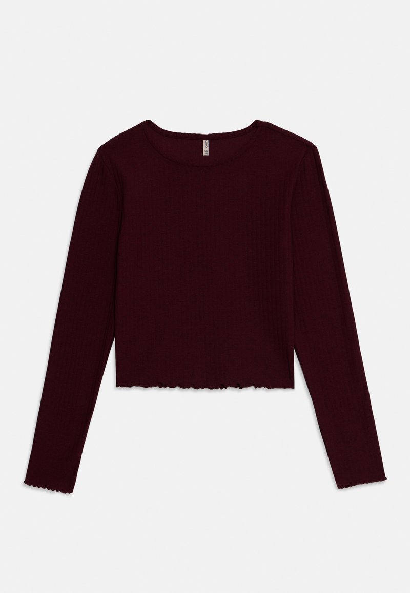 Long-sleeve, cropped top in deep burgundy ribbed fabric, featuring a round neck and scalloped hem. Soft texture with fitted design.