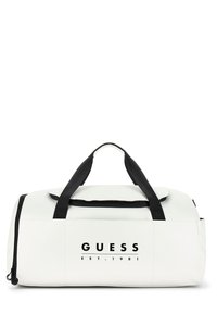White duffel bag made of smooth synthetic material. Features black handles, zipper, and printed logo with "EST. 1981" on the side.