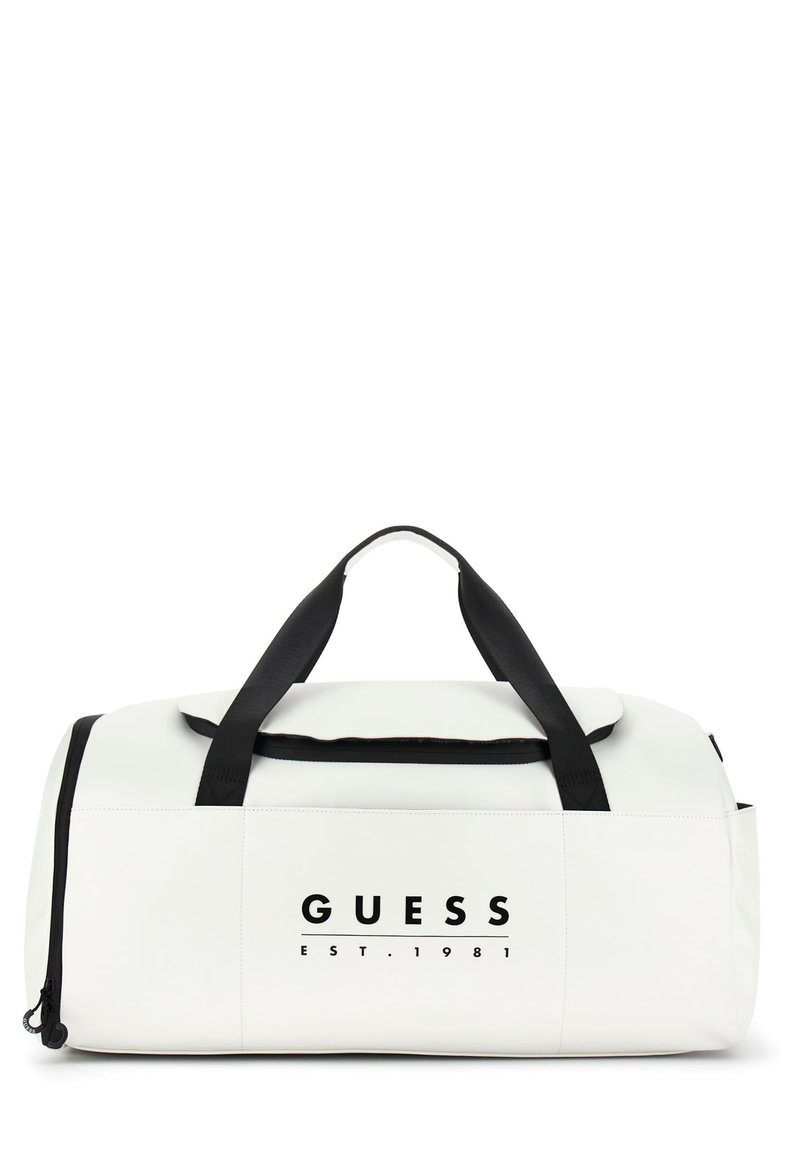 White duffel bag made of smooth synthetic material. Features black handles, zipper, and printed logo with "EST. 1981" on the side.
