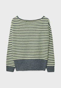 Gestreifter Pullover in Grau und Hellgelb. Lockere Passform, weitem Ausschnitt und geripptem Saum. Weicher Stoff und lange Ärmel.