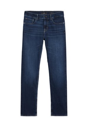 Donkerblauwe spijkerbroek met een rechte pijp. Voorzien van vijf zakken, een ritssluiting en een klassieke tailleband. Gladde textuur met minimale vervaging.