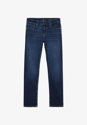 Donkerblauwe spijkerbroek met een rechte pijp. Voorzien van vijf zakken, een ritssluiting en een klassieke tailleband. Gladde textuur met minimale vervaging.