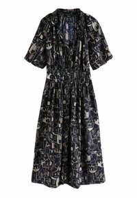 Rochie neagră cu un model geometric în nuanțe de bej și crem. Prezintă mâneci scurte, talie strânsă și o formă fluidă în linie A.