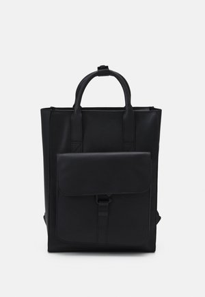 Black rectangular tote bag with rounded handles and front flap pocket, made of smooth leather-like material against plain white background.