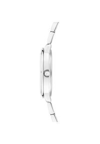 Zilveren metalen horloge met een ronde kast en een gepolijste oppervlakte. Beschikt over een enkele drukknop en een schakelarmband ontwerp.