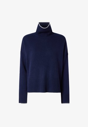 Maglione a collo mezzo alto navy con polsini e orlo a costine, caratterizzato da un bordo grigio chiaro a contrasto lungo il collo e una morbida trama a maglia.