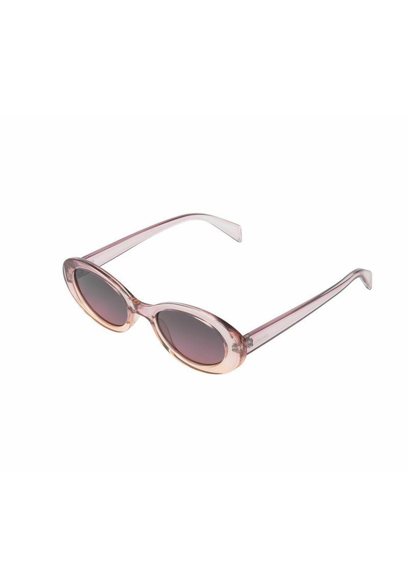 Lunettes de soleil teintées de rose avec des verres ovales et des branches transparentes, présentant une transition de couleur dégradée du rose clair au transparent.