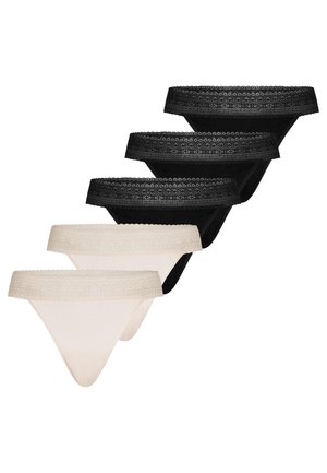 Fem blonde-trimmede dame trusser i sort og beige, arrangeret i en forskudt stak på en hvid baggrund.