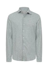 Camicetta a maniche lunghe verde e bianca a quadretti, design con bottoni, con colletto classico e tessuto testurizzato. Vestibilità standard con maniche con polsini.