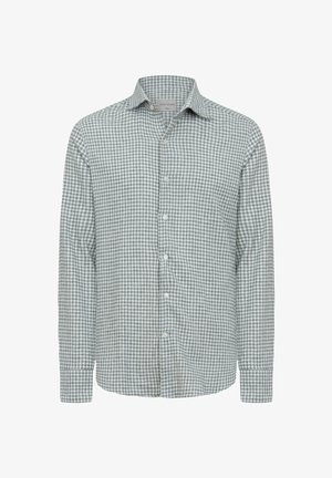 Camicetta a maniche lunghe verde e bianca a quadretti, design con bottoni, con colletto classico e tessuto testurizzato. Vestibilità standard con maniche con polsini.