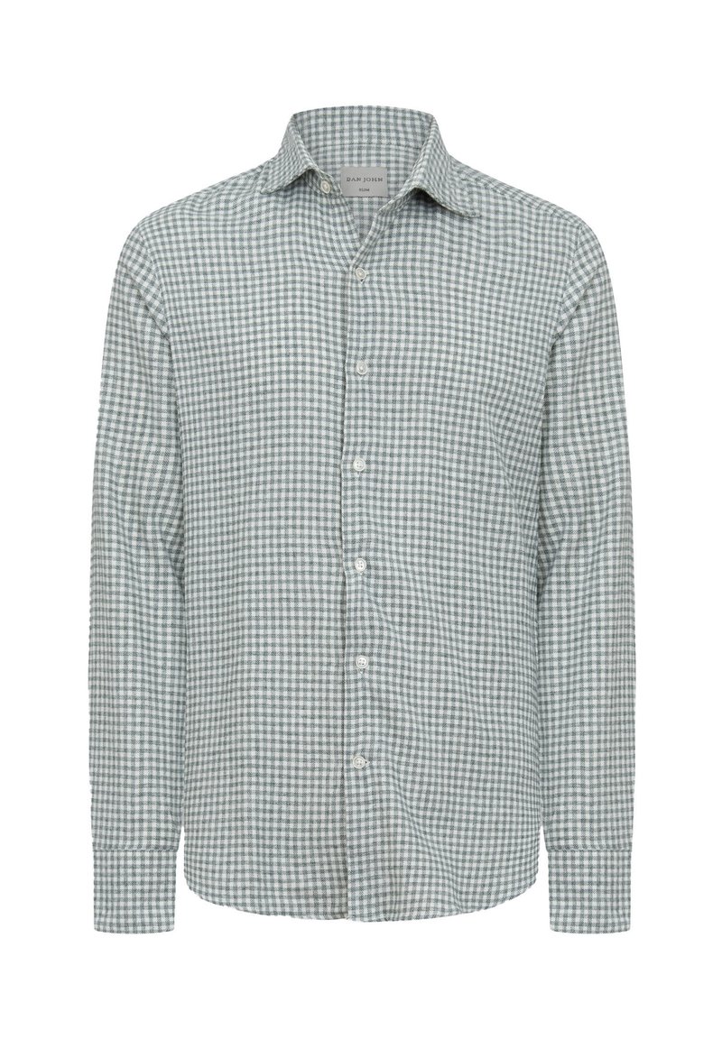 Camicetta a maniche lunghe verde e bianca a quadretti, design con bottoni, con colletto classico e tessuto testurizzato. Vestibilità standard con maniche con polsini.