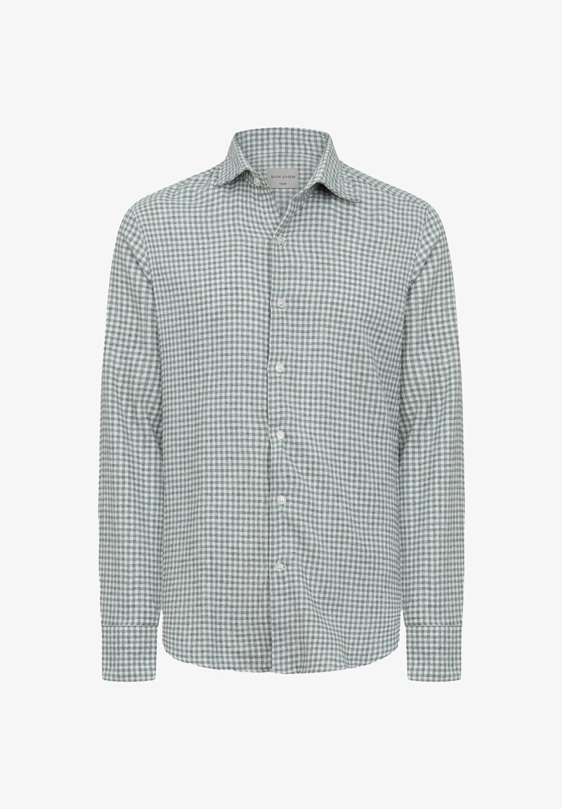 Camicetta a maniche lunghe verde e bianca a quadretti, design con bottoni, con colletto classico e tessuto testurizzato. Vestibilità standard con maniche con polsini.