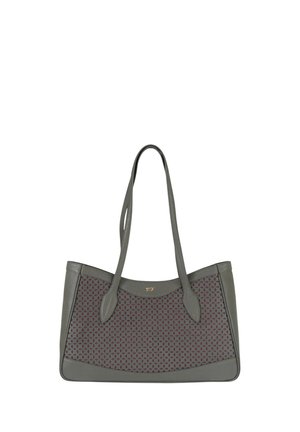 Borsa tote grigia con manici lunghi, con un piccolo logo dorato e un motivo geometrico a diamante rosso sul pannello principale.