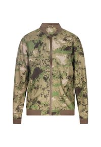 Giacca bomber camouflage in tonalità di verde, marrone e beige. Presenta una chiusura frontale con zip, collo e polsini a coste, con una texture liscia e leggera.