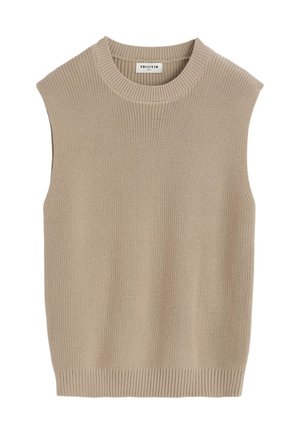 Gilet en tricot beige sans manches avec col rond et bord-côtes, étiqueté "FRILIVIN" taille moyenne.