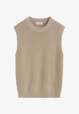 Gilet en tricot beige sans manches avec col rond et bord-côtes, étiqueté "FRILIVIN" taille moyenne.