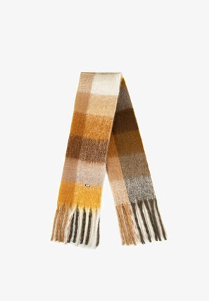 Geruite sjaal in tinten geel, bruin, beige en grijs; zacht, gestructureerd stof met franjes aan de randen voor extra detail.