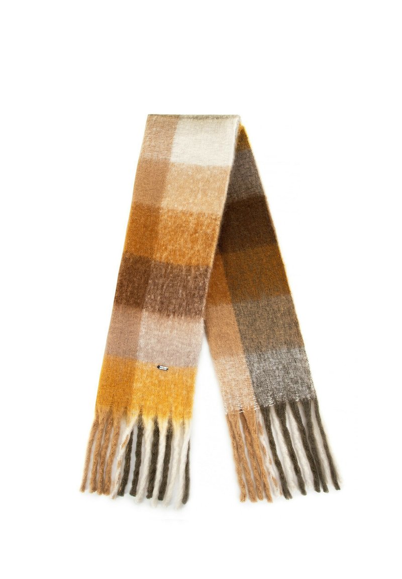 Szalik w kratę w odcieniach żółtego, brązowego, beżowego i szarego; miękka, teksturowana tkanina z frędzlami na krawędziach dla dodatkowego efektu.