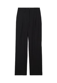Pantaloni neri a gamba larga realizzati in un tessuto liscio, dotati di una parte anteriore plissettata, passanti per la cintura e un orlo pulito per un aspetto sartoriale.