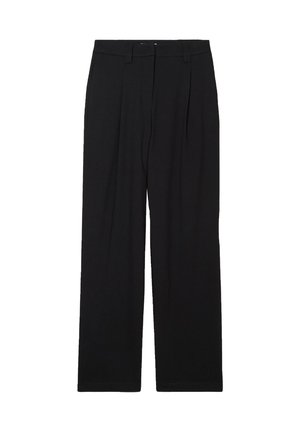 Pantalons noirs à jambes larges en tissu lisse, avec un devant plissé, des passants de ceinture et un ourlet net pour une apparence soignée.