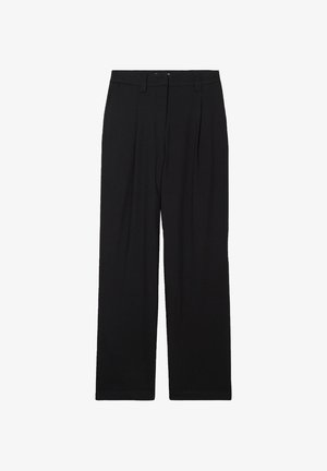 Schwarze, weit geschnittene Hosen aus einem glatten Stoff, mit einem gefalteten Vorderteil, Gürtelschlaufen und einem sauberen Saum für ein maßgeschneidertes Erscheinungsbild.