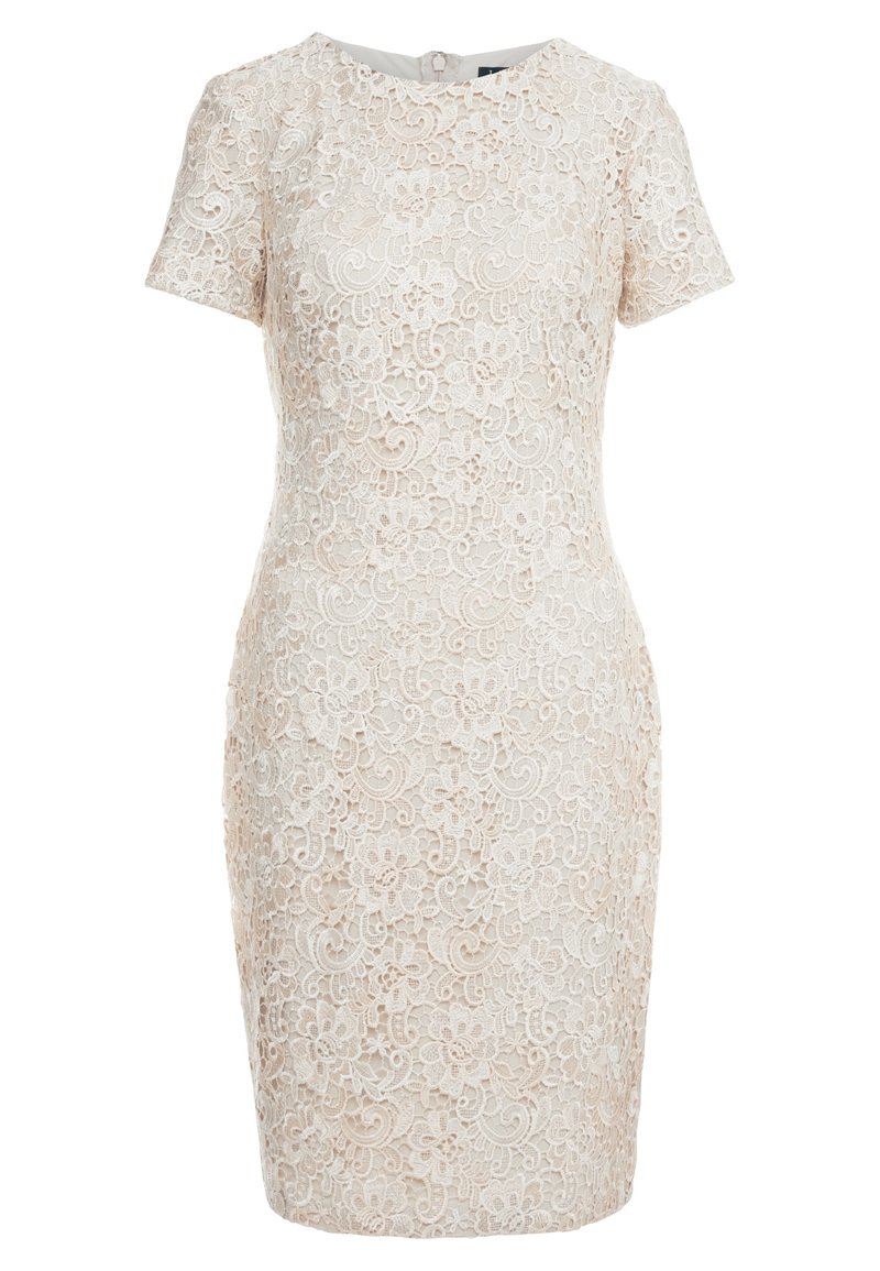 Krajkové šaty v světlé béžové barvě s krátkými rukávy a přiléhavým střihem. Celý model zdobí propracovaný květinový vzor a vzadu je nenápadné zapínání.