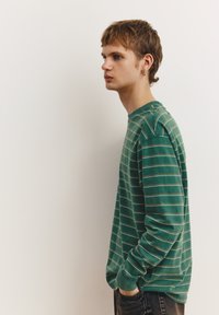 Cămașă verde cu mâneci lungi și dungi albe, cu gât rotund și manșete elastice. Modelul stă lateral, cu mâinile în buzunare, purtând blugi întunecați.