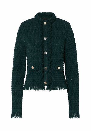 Cardigan en maille texturée vert foncé à manches longues, boutons argentés sur le devant et sur deux petites poches avant, bordures à franges.
