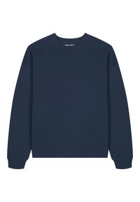 Felpa blu navy, colletto rotondo, maniche lunghe, polsini e orlo a costine, design semplice, realizzata in materiale morbido, senza loghi o fantasie visibili.
