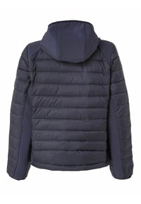 Námornícky modrá zateplená bunda s kapucňou. Obsahuje horizontálne prešité sekcie, pevný materiál na bokoch a elastické manžety pre tesné uchytenie.