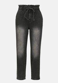 Pantalon en denim noir délavé à taille haute avec ceinture élastique et cordon de serrage à l'avant, présentant une coupe fuselée.