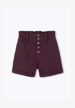 Shorts violet foncé taille haute avec taille paperbag, boutons argentés sur le devant et revers roulés.