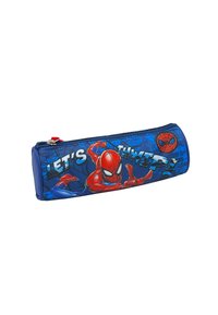 Spider-Man pencil case with a blue, patterned fabric surface. Features a prominent red Spider-Man graphic and a red zipper.