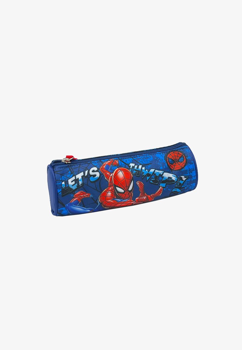 Spider-Man pencil case with a blue, patterned fabric surface. Features a prominent red Spider-Man graphic and a red zipper.