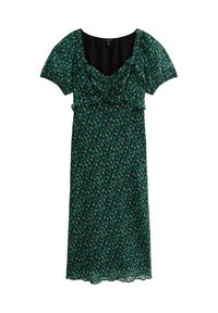 Groene bloemenjurk met korte pofmouwen, een geplooide buste en een vloeiende rok. De stof heeft kleine, veelkleurige bloemen op een donkere achtergrond.
