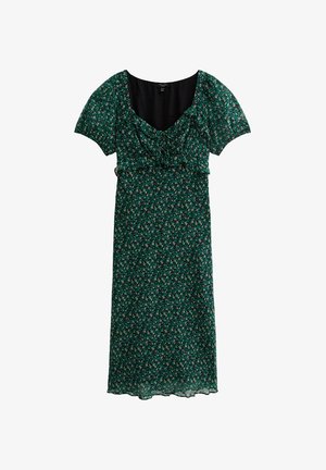 Zielona sukienka w kwiaty z krótkimi bufkami, marszczonym topem i zwiewnym dołem. Materiał zdobiony jest małymi, kolorowymi kwiatami na ciemnym tle.